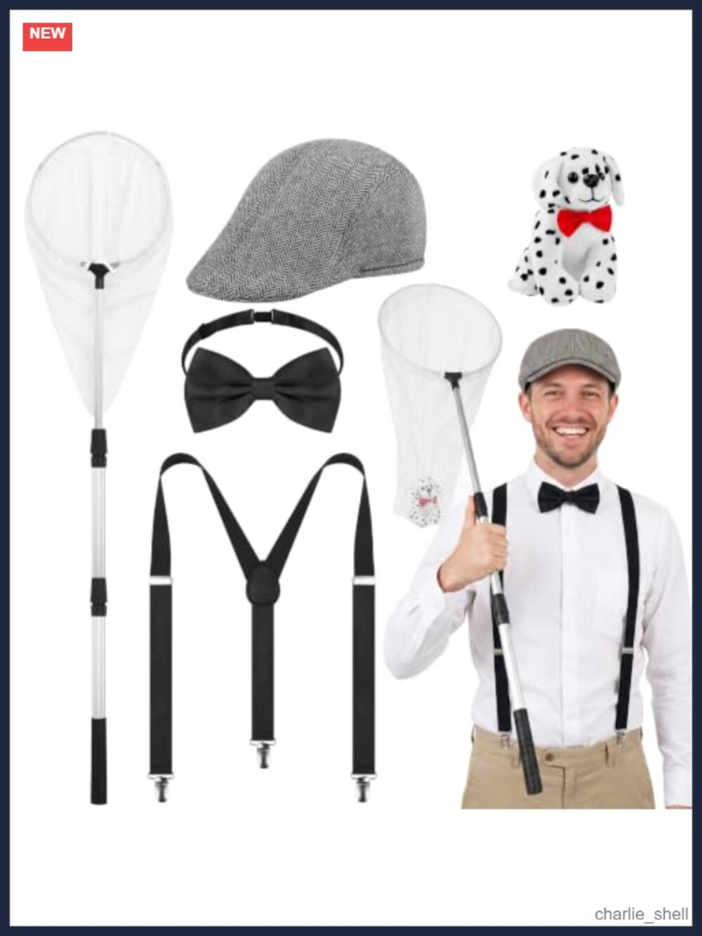 Dog Catcher Costume Set Newsboy Hat Suspenders Bowtie Net Plush Dalmatian Adult